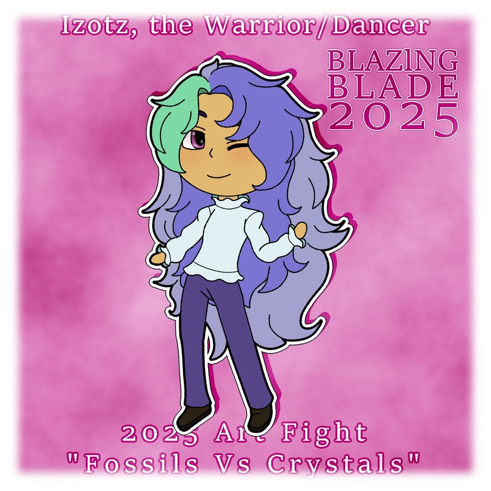 A drawing for Art Fight - Fossils Versus Crystals
The title of the drawing is called "Izotz, the Warrior/Dancer"

Character belongs to ToxicCosWynaut

Character is a male with colourful hair made up of pale purples and a mint green. He wears a puffy white shirt and purple pants, as well as dark brown boots.

He stands in a wide stance, one arm bent at the elbow and the other arm outstretched at the side.