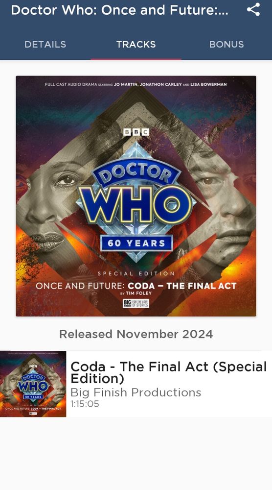 Big Finish app with Coda - The Final Act queued up!