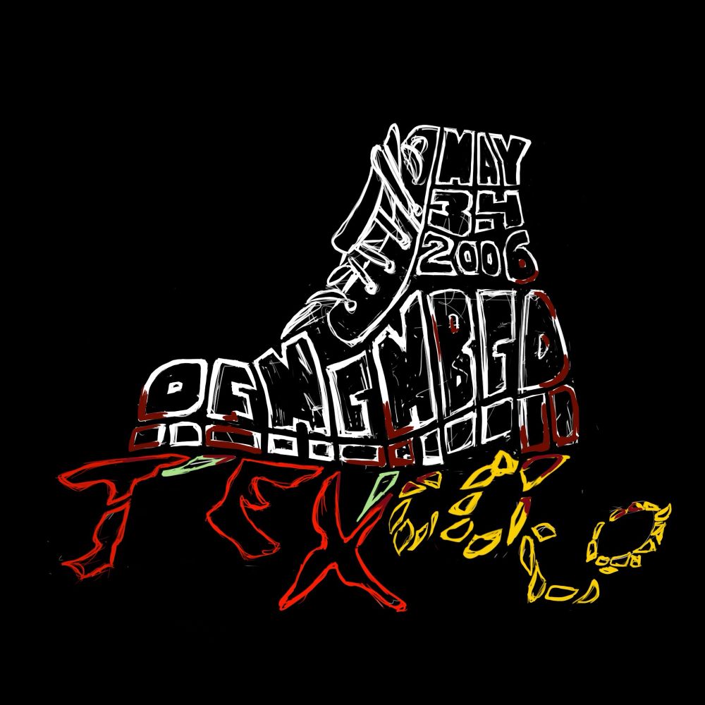 Procreate sketch of a bloodied combat boot crushing red and yellow flowers that form the words MAY 3-4 2006 REMEMBER TEXCOCO