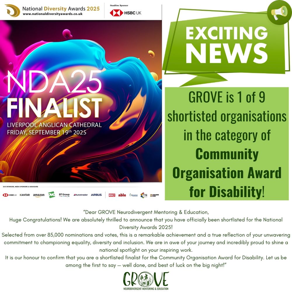 Image shows we are a finalist for the community orgaisation award for disabilty with the National Diversity Awards!