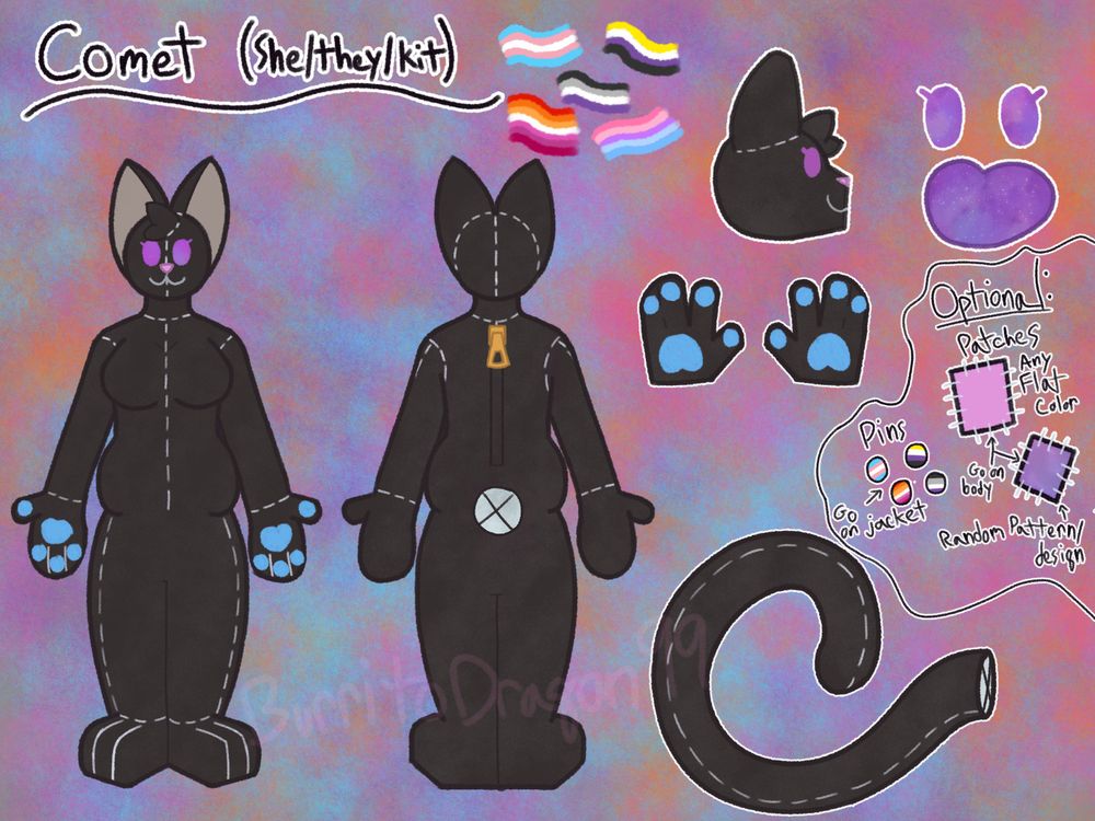 Everything in this image is the same as the 1st image except without the clothes on the fullbody drawings. This one shows off all the stitches at their joints and across their body, as well as the zipper on their back