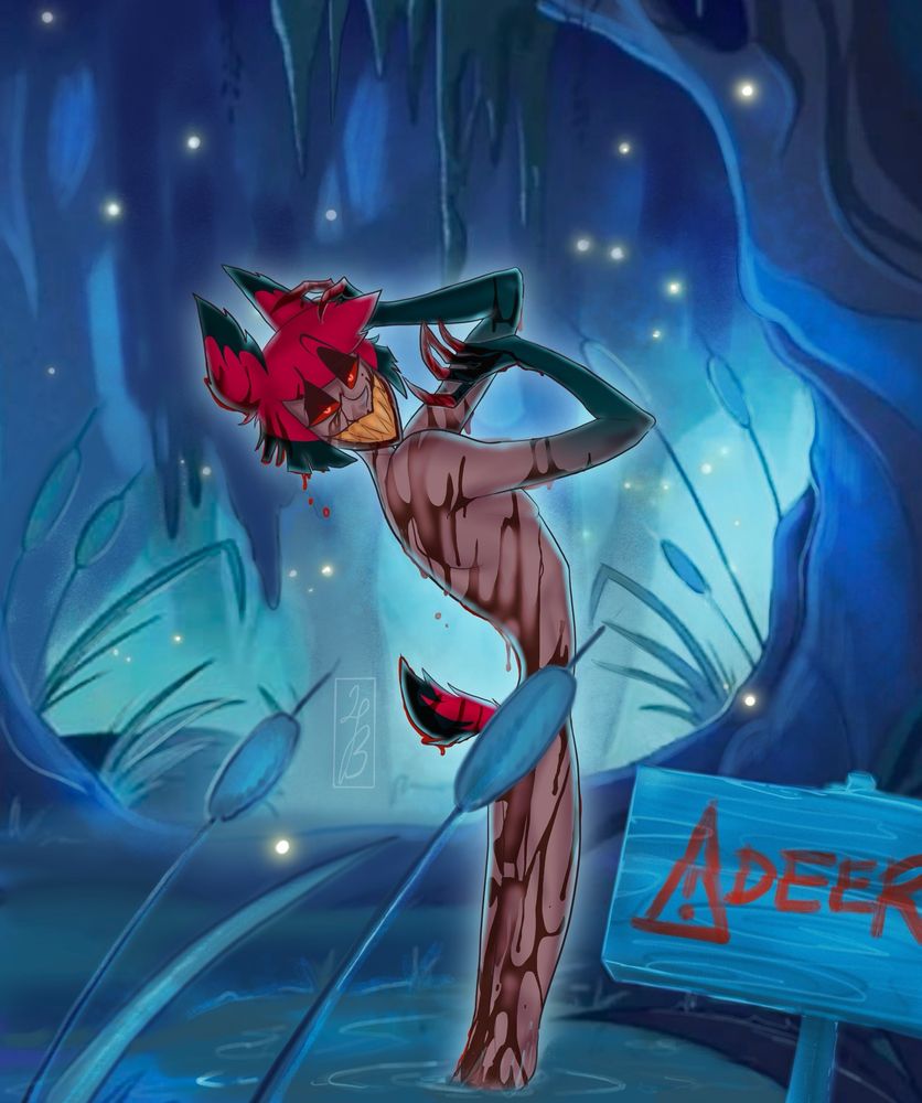 Alastor from Hazbin hotel taking a bath on his bayou swamp, covered in victim’s blood, giving a cocky smile to the audience. 