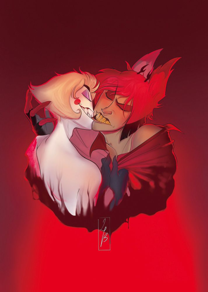 Lucifer and alastor from Hazbin hotel - sharing a bite / kiss 