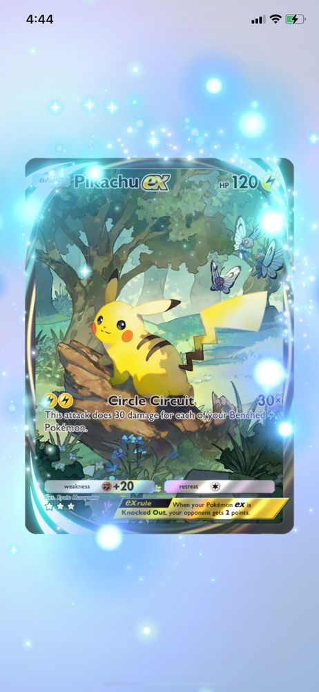 A screenshot of the rare animated Pikachu EX card in the mobile game Pokémon Trading Card Game Pocket.