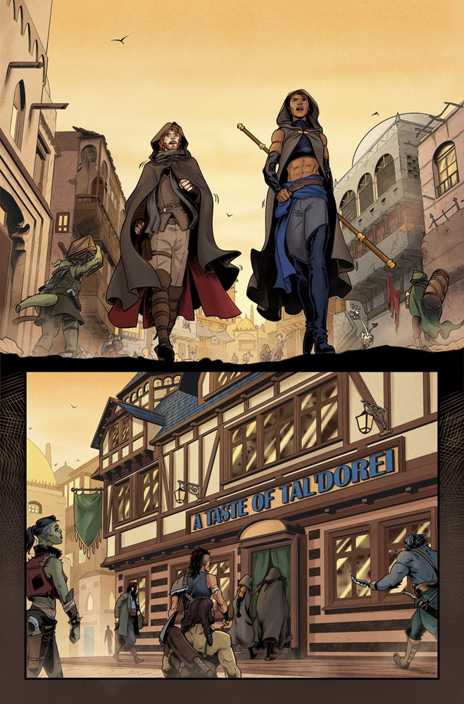 Two characters (Caleb and Beau) are walking in a dry a desert like city, with a yellow sky behind them, dust on the ground. They walk into a building with the name "A Taste of Tal'dorei".