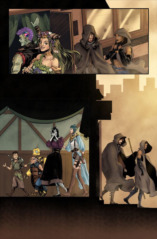 Caleb and Beau are leaving the tavern at the same time that another group - Bell's Hells - enters the building.