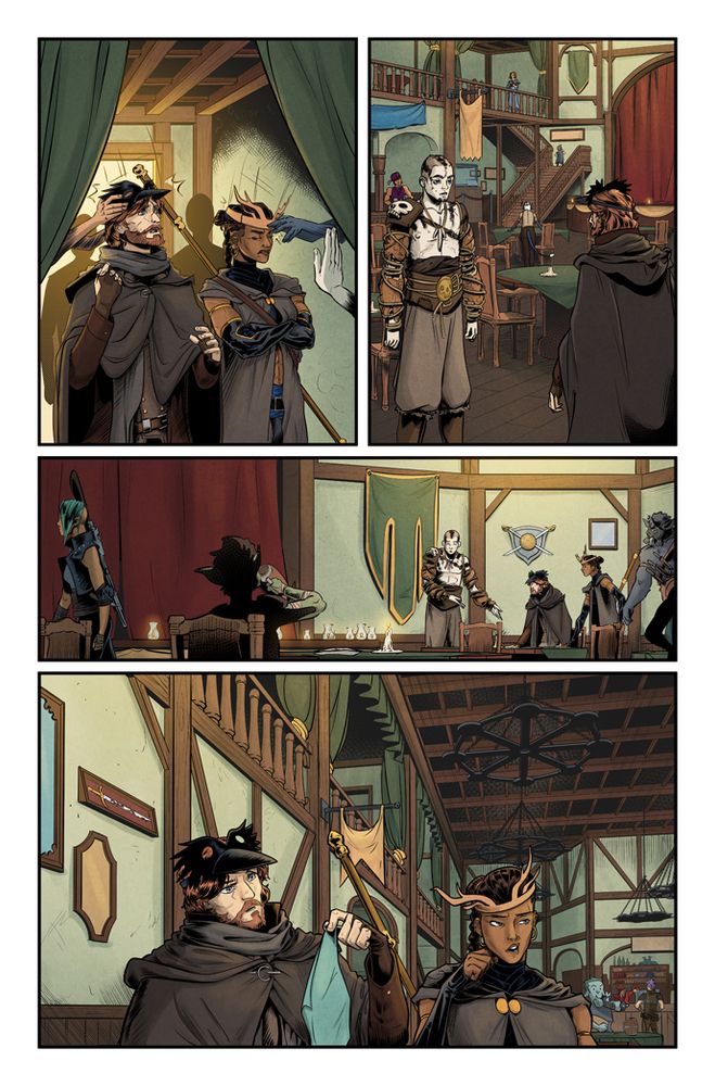 Inside the building it looks like a typical medieval tavern. The two characters are led to a table and sit there. They look skeptical. 