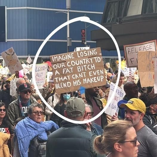 Protestor at the No Kings rally holding a sign reading 'Imagine losing our country to a fat bitch that can't even blend his makeup'