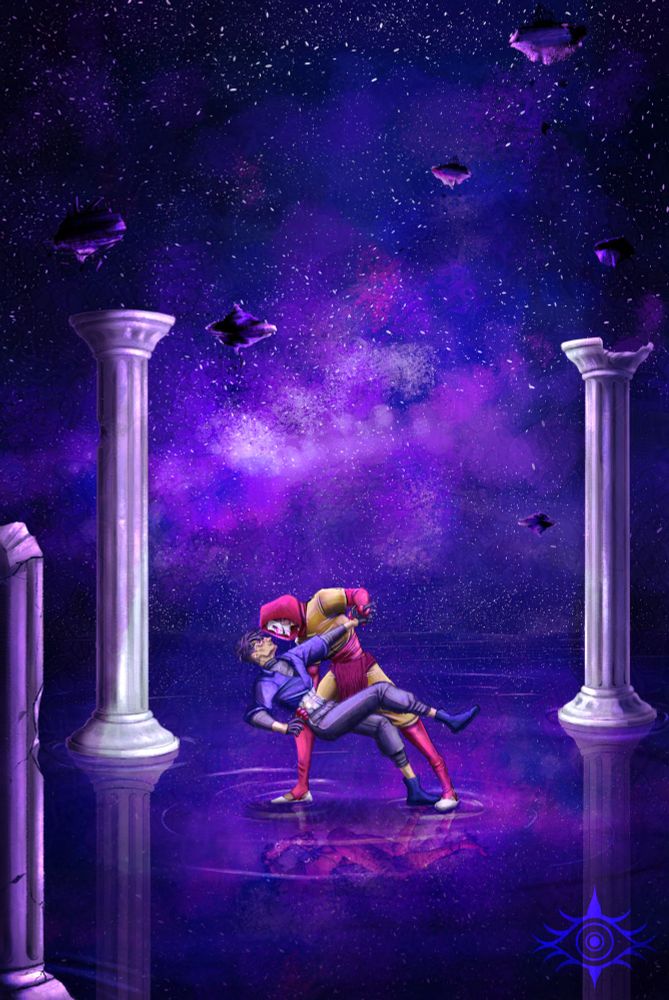 Two individuals - Percival de Copia (left and in blue) and The Other (right and in red) - dancing beneath a starry sky. 