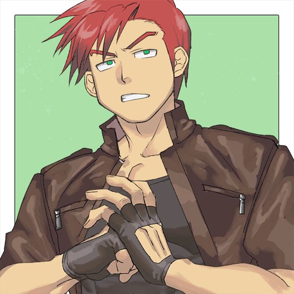 A picrew of a red-haired butch white girl smacking a fist into a palm, in leather jacket and gloves