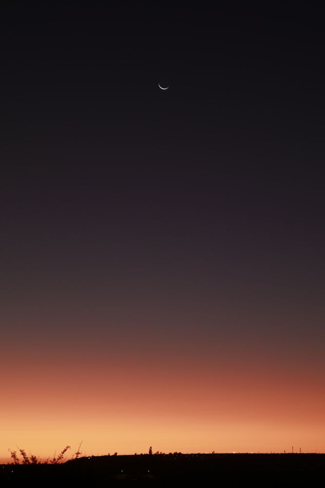 Puesta de sol con cielo naranjo-púrpura y una luna menguante.