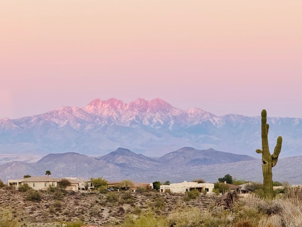 A desert landscape at twilight with 4 peaks mountains in the background and a saguaro cactus to the right. 