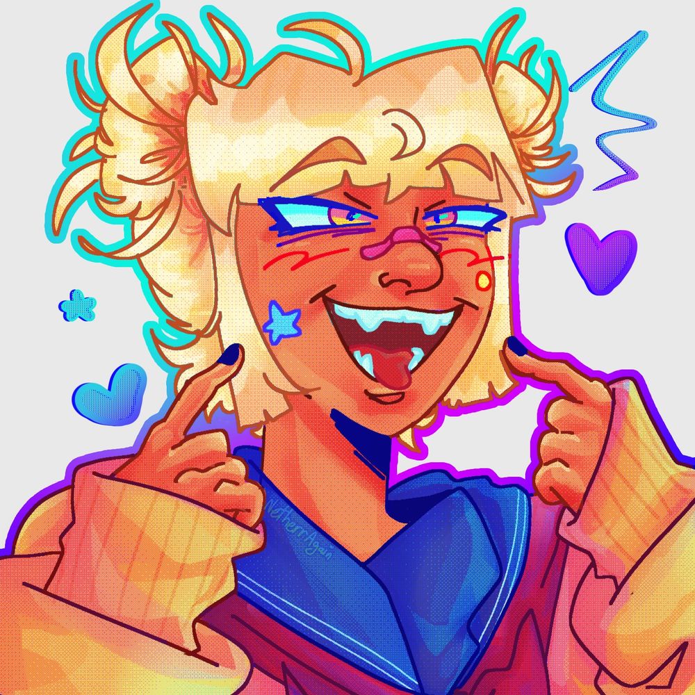 A digital drawing of Himiko Toga from My Hero Academia, from the chest up. She is pointing both of her hands towards her face, with her mouth wide open to show her fangs. She is wearing her normal outfit, and has stickers and a band-aid on her face. There is a colorful outline around her, as well as small hearts and a star.