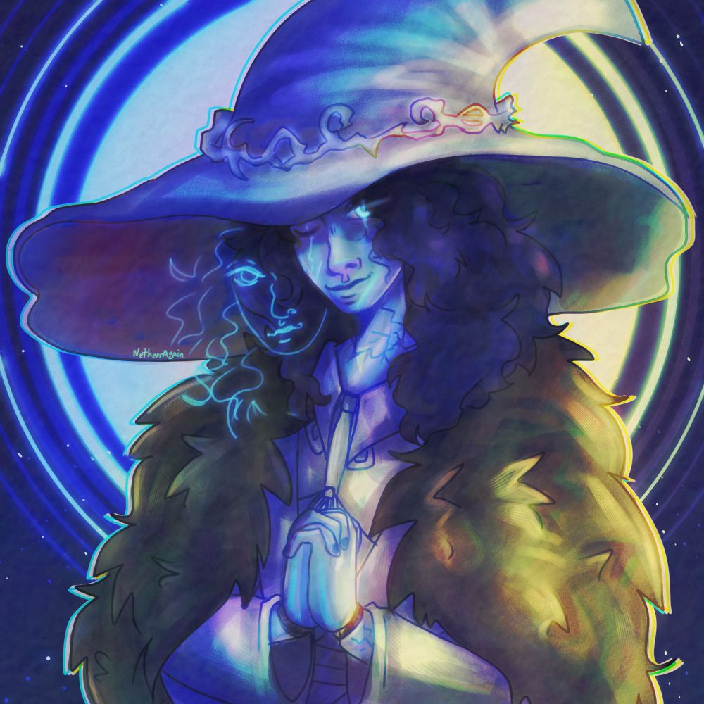 A digital drawing of Ranni the witch from Elden Ring, from the waist up. She is standing with her hands clasped together, calmly smiling and looking ahead at the viewer. She is wearing a long sleeved white blouse, and is wearing a brown and gray fur coat over it. She is also wearing a large, white witch hat. Her left eye has a shine in it, and is glowing. The lighting on Ranni shifts from dark blue to a cyan, and fades into yellow on the right. The lineart is a dark blue that is almost black, with a rainbow glitch affect on the right side. The background is dark blue with purple lighting on the right side, there is also a white circle behind Ranni meant to represent the moon. The circle has light blue lighting on the left, and bright yellow on the right. There are two thin white circular lines around the sides of the circle, along with small white stars.