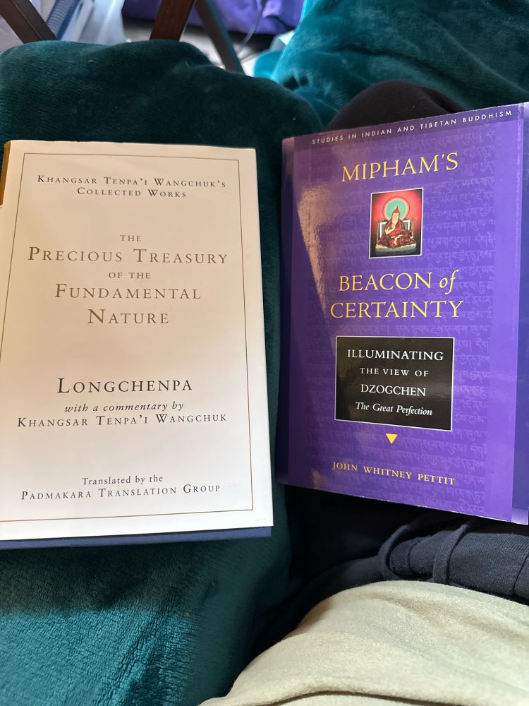 top down photo of two books: the Precious Treasury of the Fundamental Nature by Longchenpa and Mipham’s Beacon of Certainty 