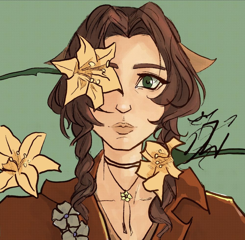 Headshot drawing of Aerith Gainsborough with her eye obscured by a flower, one beneath her face, two smaller ones on her jacket, and another over her shoulder.