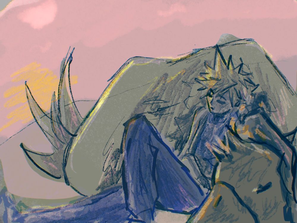 a rough drawing of Cloud Strife from final fantasy 7 asleep slumped against a chocobo that is also napping backlit by a sunset