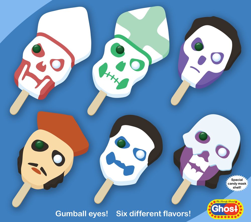 A drawing of six popsicles with gumball eyes, each in the likeness of the lead singer of the band Ghost. 