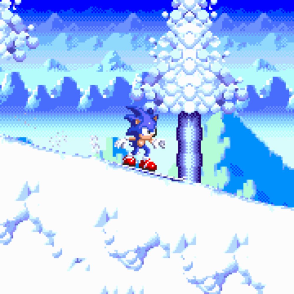 a pixel art of sonic the hedgehog in a snowy landscape