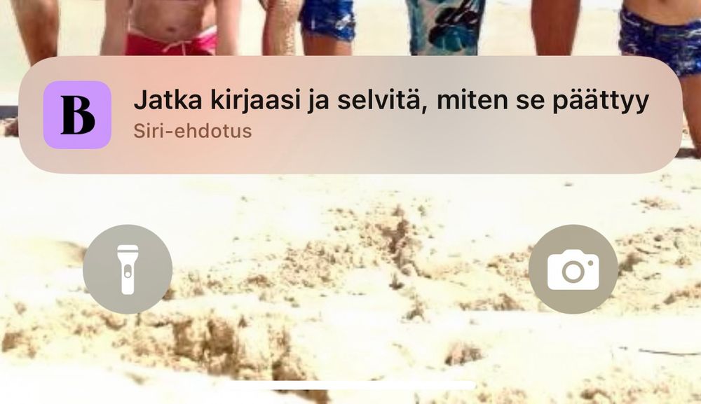 Kuvakaappaus puhelimen näytöltä, jossa Sirin ilmoitus: jatka kirjaasi, ja selvitä miten se päättyy.