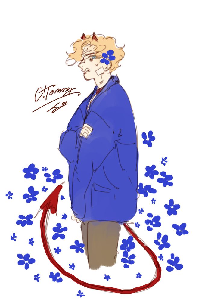 A drawing of c!Tommy on a flower field, wearing a blue cardigan, starting cautiously