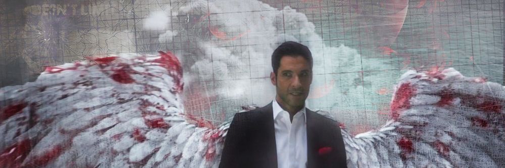 Lucifer with bloodied wings out.