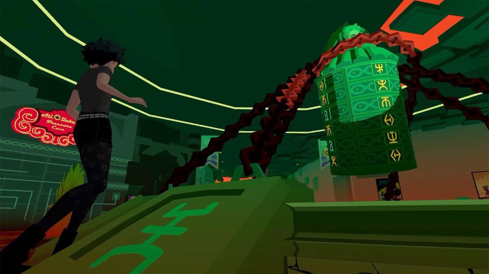 A screen shot from the game Lovesick. A woman faces away from the camera, flinching away from an iron maiden that is floating in the air, held in place with large chains.