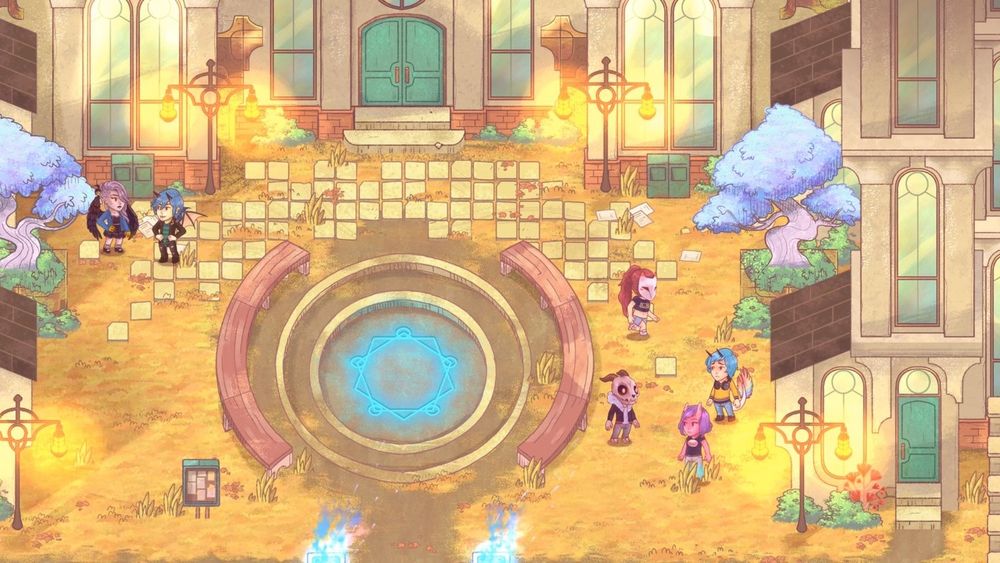 A screenshot from the game "The World Next Door". A top down depiction of a school courtyard. A mélange of otherworldly students stand around talking.