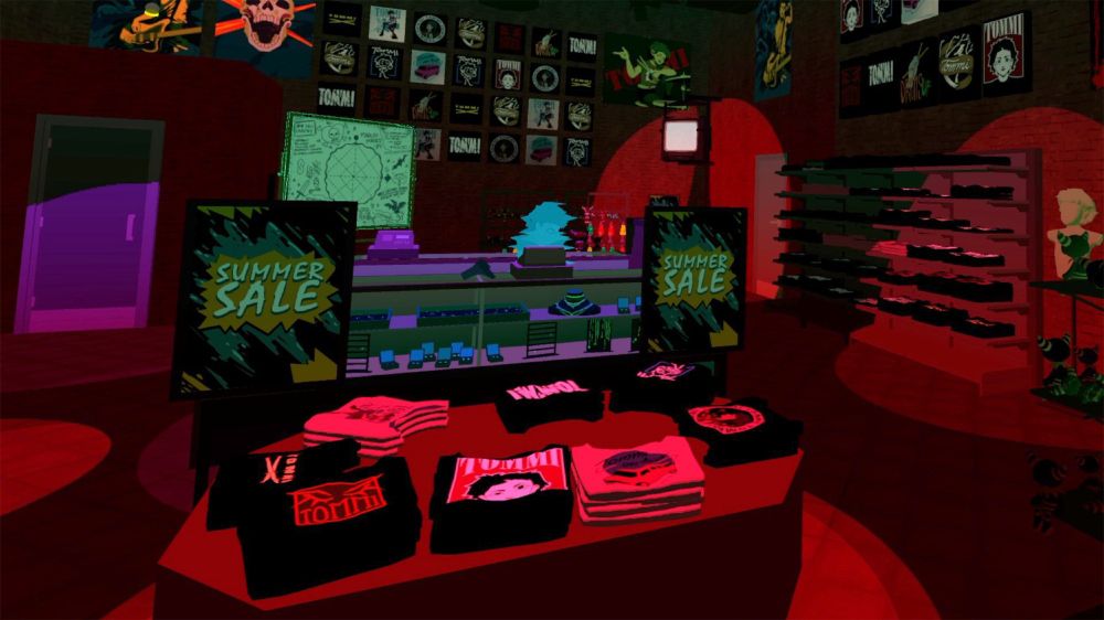 A screenshot from the game Lovesick. A brightly colored depiction of a shop reminiscent of Hot Topic in the late 90s.