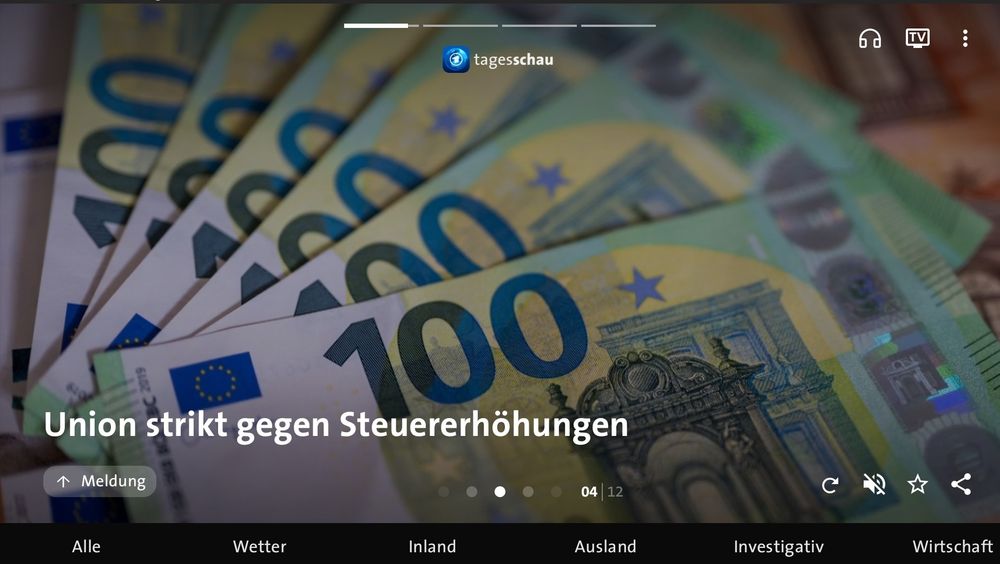 Logo der tagesschau oben mittig im Bild.

Zentral im Bild liegen 6 aufgefächerte 100 Euro Scheine.

Unten im Bild die Überschrift: 'Union strikt gegen Steuererhöhungen'
