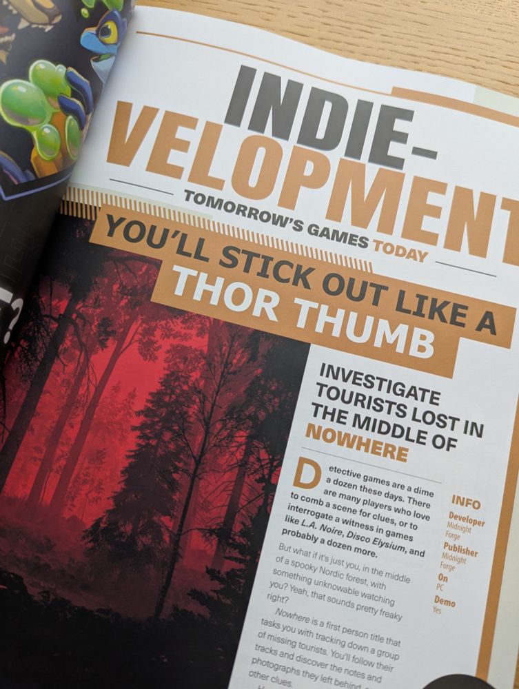 A photo of Issue 7 of Debug Magazine, specifically a page previewing detective-horror video game Nowhere.