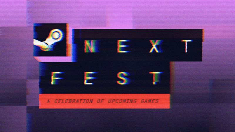 A glitchy, grainy Steam Next Fest logo.