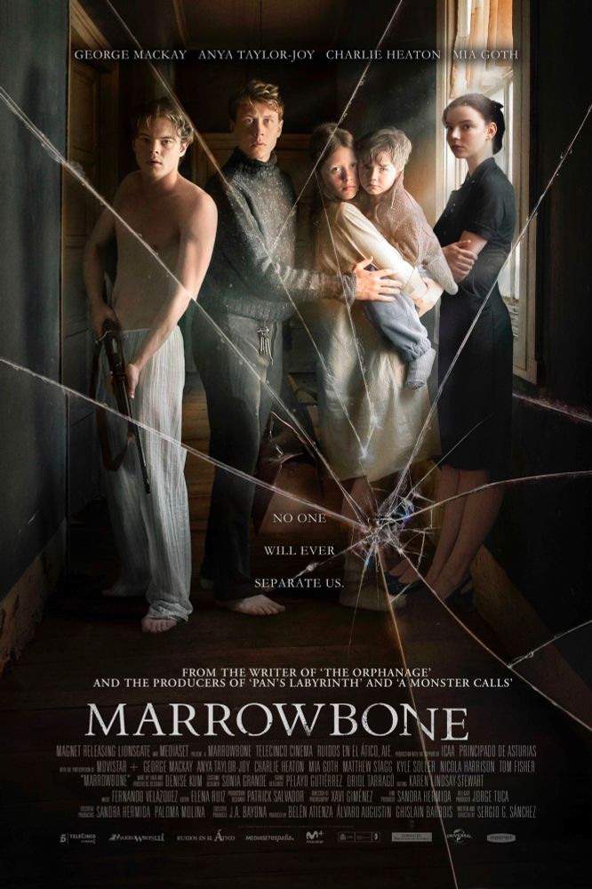 Poster for movie Marrowbone includes actors: George McKay, Anya Taylor-Joy, Charlie Heaton, and Mia Goth