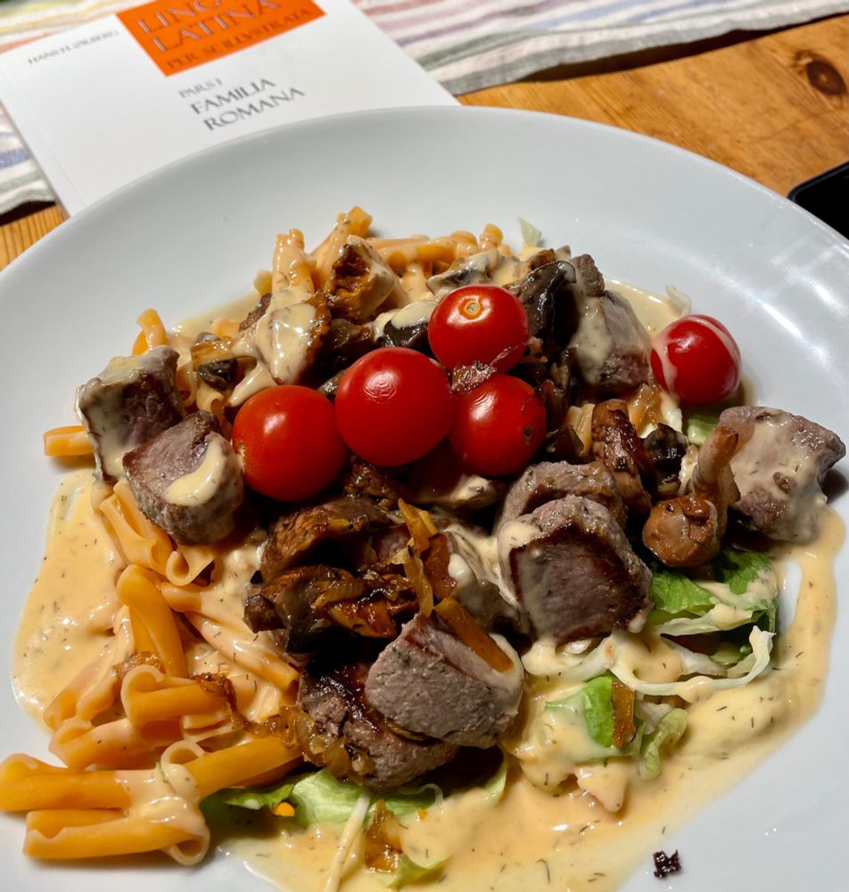 Lammragout mit Pilzen auf Linsennudeln und Salat.