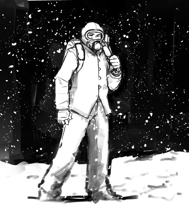 Jaun from The Eternaut  walking through a deadly snow.