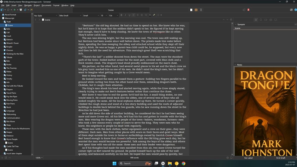 writing in the program Scrivener, in dark mode
