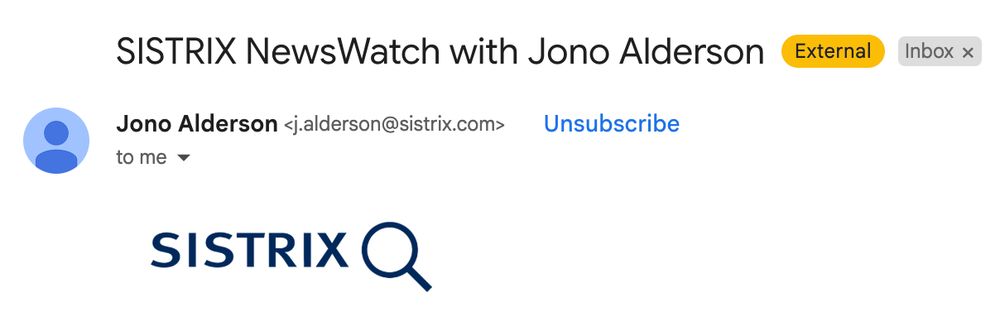 Screenshot of an E-Mail Header. Subject: "Sistrix NewsWatch with Jono Alderson". There is no photo next to the senders name Jono Alderson.
Also visible a Logo of a company called Sistrix.