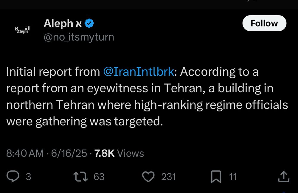 tweet from no_itsmyturn:

Initial report from @IranIntlbrk: According to a report from an eyewitness in Tehran, a building in northern Tehran where high-ranking regime officials were gathering was targeted.