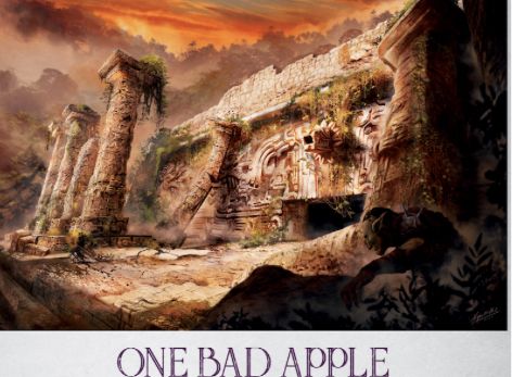 The cover image for One Bad Apple, an adventure module for the Shadown of the Weird Wizard RPG. The image depicts a ruined temple exterior with columns tilting in the foreground. 
