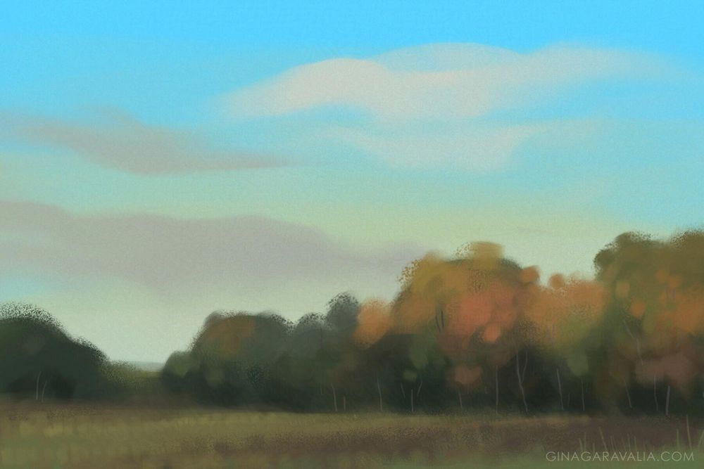 A digital plein air painting of a field with distant trees changing colors.