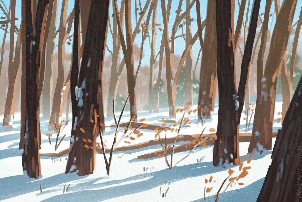 A digital plein air painting of woods on a winter day with snow on the ground and bare trees that cast long shadows.