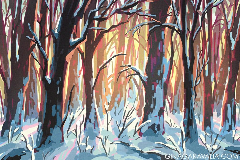 Sunrise in the woods, where snow-covered trees are backlit by yellow sunlight peeking through the trunks. Snow covers tree branches and smaller bushes, while the trees cast long blue shadows across the snowy ground.