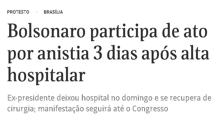 Bolsonaro participa de ato por anistia 3 dias após alta hospitalar
Ex-presidente deixou hospital no domingo e se recupera de cirurgia; manifestação seguirá até o Congresso