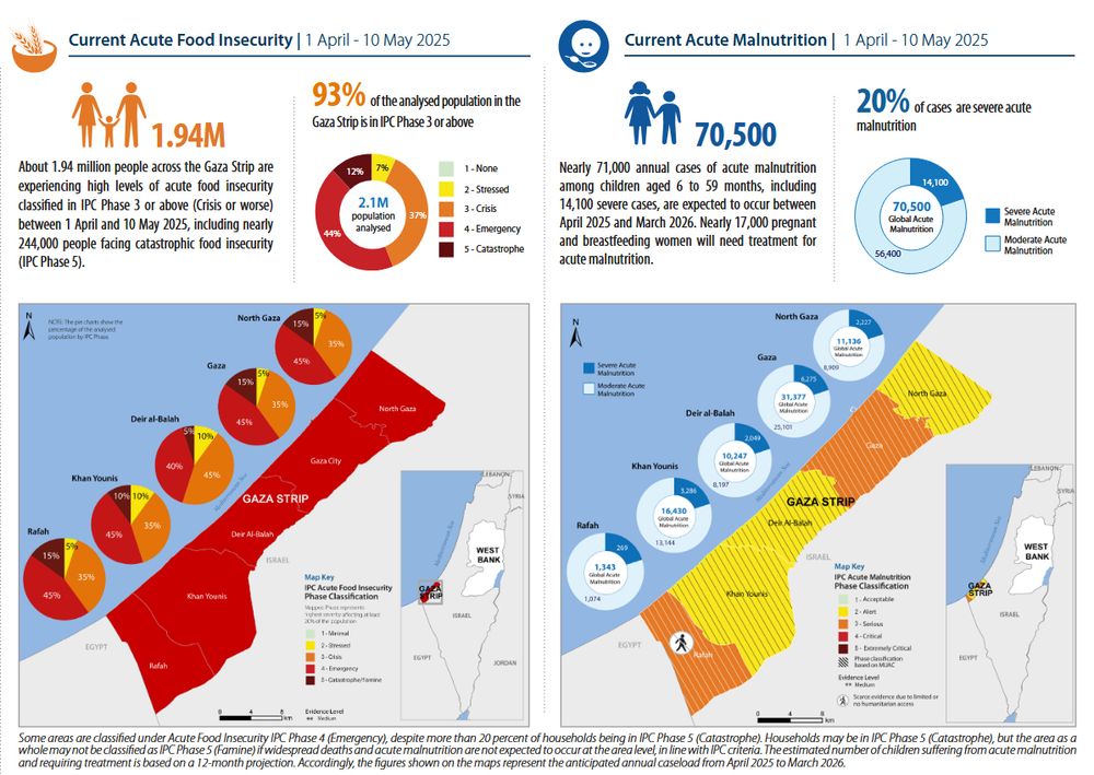 Cette infographie présente deux analyses de la situation alimentaire et nutritionnelle dans la bande de Gaza entre le 1er avril et le 10 mai 2025.
Partie gauche - Insécurité alimentaire aiguë actuelle :

1,94 million de personnes dans la bande de Gaza connaissent des niveaux élevés d'insécurité alimentaire aiguë
Un graphique en secteurs montre la répartition : 93% de la population analysée (soit 2,1 millions de personnes) est en phase 3 ou plus critique
Les phases se décomposent ainsi : 37% en crise, 12% en urgence, et 44% en situation catastrophique
Une carte géographique utilise des codes couleur (du jaune au rouge foncé) pour montrer l'intensité de l'insécurité alimentaire dans différents gouvernorats : Khan Younis, Deir al-Balah, Gaza Nord, Gaza Ville et Rafah

Partie droite - Malnutrition aiguë actuelle :

70 500 cas de malnutrition aiguë concernent des enfants de 6 à 59 mois
20% des cas sont classés comme malnutrition aiguë sévère (14 100 cas)
Un graphique circulaire détaille : 14 100 cas de malnutrition aiguë sévère et 56 400 cas de malnutrition aiguë modérée
Une seconde carte présente la répartition géographique avec des chiffres spécifiques par zone et des motifs rayés indiquant les zones où les données sont limitées
