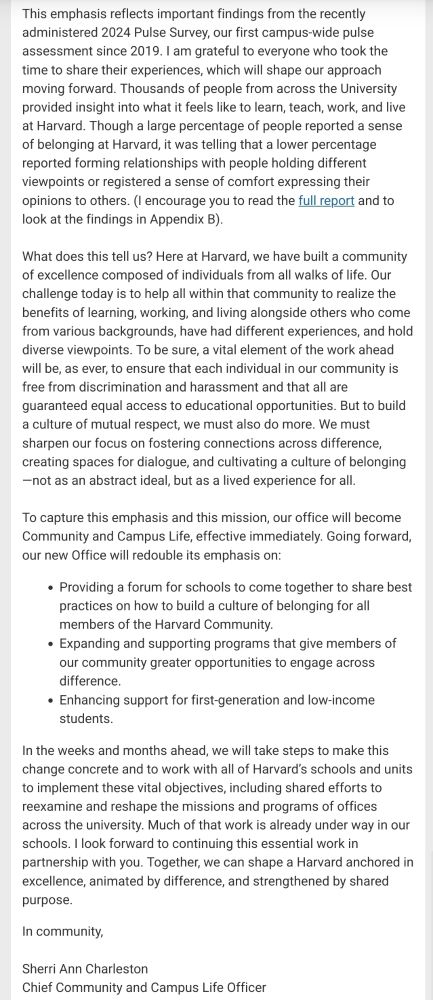Continuation of the letter from Harvard University. It references findings from the 2024 Pulse Survey, noting that while many feel a sense of belonging, fewer form relationships across different viewpoints. It stresses the need to foster connections and create a culture of belonging. The Office of Community and Campus Life will refocus on providing forums for schools, expanding programs for engagement, and enhancing support for first-generation and low-income students. Signed by Sherri Ann Charleston, Chief Community and Campus Life Officer.