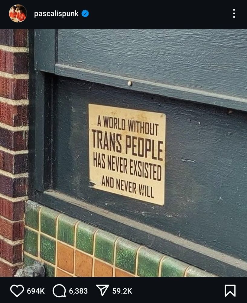 A photograph of a sign attached to a dark green wooden wall with metal edges. The sign has bold black text on a beige background that reads: "A WORLD WITHOUT TRANS PEOPLE HAS NEVER EXISTED AND NEVER WILL." The wall is part of a building with a mix of dark green, brick, and green and orange tiled surfaces. The Instagram username "pascalispunk" is visible at the top of the image, along with engagement metrics showing 694K likes, 6,383 comments, and 59.2K shares.
