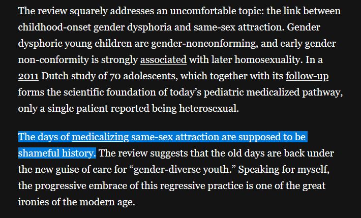 "Highlighted text in an article discusses the historical medicalization of same-sex attraction, stating: 'The days of medicalizing same-sex attraction are supposed to be shameful history.' The surrounding text critiques links between gender dysphoria, gender nonconformity, and later homosexuality, referencing a 2011 Dutch study."