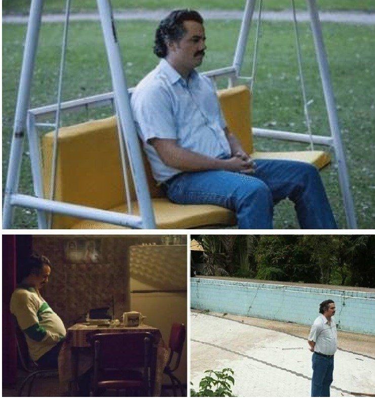 Three-panel Sad Pablo Escobar Waiting meme from the Netflix series Narcos.
Top: Pablo Escobar sits alone on a yellow swing in a park, looking sad and deep in thought.
Bottom left: He sits silently at a small kitchen table, arms crossed, staring at nothing in a dim room.
Bottom right: He stands alone by an empty pool with hands behind his back, looking despondent.
The meme humorously conveys feelings of sadness, loneliness, or waiting indefinitely for something that may never come.
