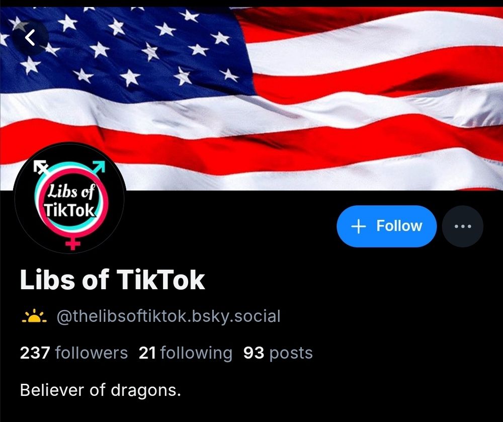 Screenshot of the bluesky profile for "Libs of TikTok" is displayed with a background of the American flag. The profile includes a circular logo that features the text "Libs of TikTok" with gender symbols intertwined. Below the logo, the profile reads:

Username: @thelibsoftiktok.bsky.social

Followers: 237

Following: 21

Posts: 93

Bio: "Believer of dragons."

 