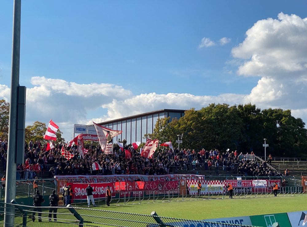 Fanblock des FSV Zwickau, mittig viele Fahnen, vor dem Block Zaunfahnen